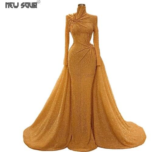 Bling Gold Muslim Celebrity Evening Gowns African Turkish Dubai 2020 Custom Long Prom Dresses Formal Gown Party Robe De Soiree