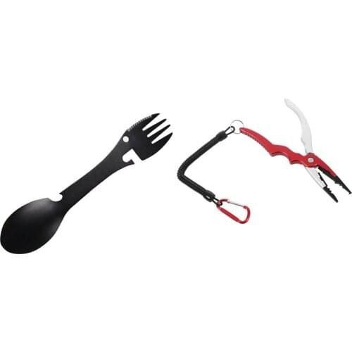 1pcs Aluminum Fishing Pliers Split Ring Cutters Fishing Holder Tackle & 1pcs Camping Equipment Cookware Spoon Fork