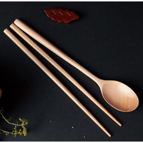 2pcs Set Japanese Style Wood Spoon Chopsticks Sets Outdoor Adult Portable Tableware Wooden Spoon Wooden Chop sticks Set