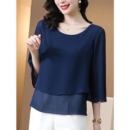 2021 elegant office lady solid three quarter sleeve chiffon shirt Plus size Spring and Summer blouse tops 5XL 6XL 8XL