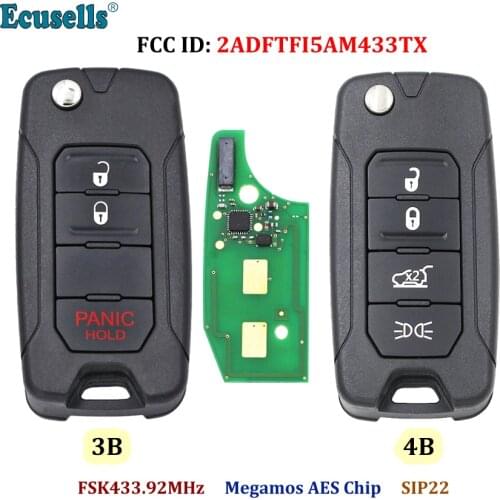 3/4 Buttons Flip Remote Key FSK 433.92MHz ID48 Megamos AES Chip for Jeep Renegade 2016-2020 Fiat 500X FCC 2ADFTFI5AM433TX SIP22