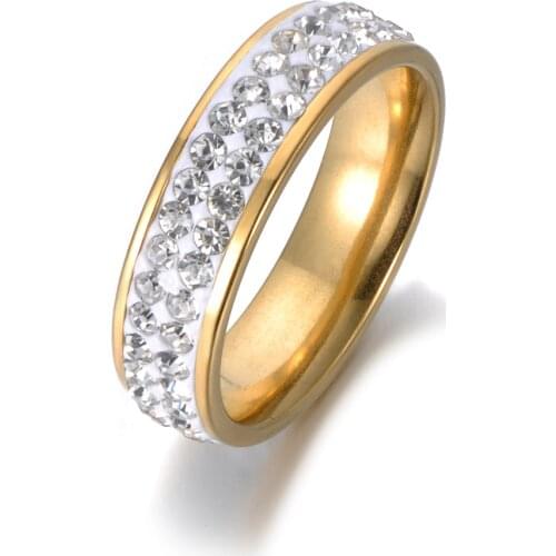 AENINE Fashion Rhinestone Stainless Steel Rings Pave Setting CZ Crystal Gold Color Wedding Rings Jewelry For Women Anneau R18059