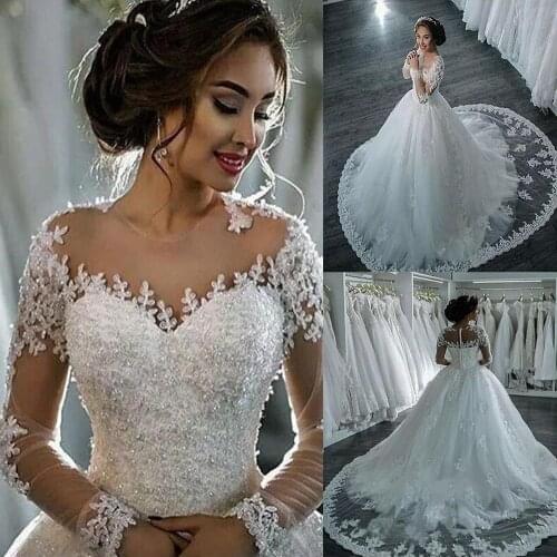 Vestidos De Noiva Ball Gown Princess Bride Dresses 2021 Long Sleeves White Tulle Romantic Wedding Dress Vintage Appliques Gowns