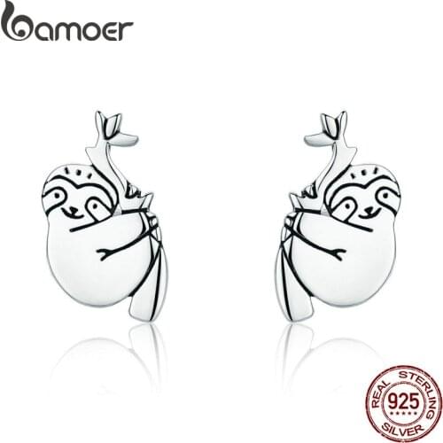 BAMOER Hot Sale 100% 925 Sterling Silver Lovely Sloth Animal Small Stud Earrings for Women Sterling Silver Jewelry S925 SCE327