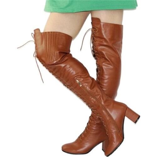Thigh High Boots Women Punk Winter Lace Up Over the Knee Boots Tall Long Square Toe Party Pumps Hot Sale 35-43 size
