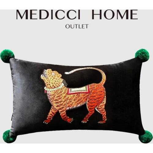 Medicci Home Lumbar Pillow Case Luxury Vintage American Style Exquisite Workmanship Tiger Embroidery Cushion Cover With Pom Pom
