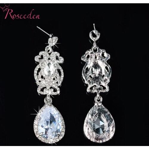 Elegant Teardrop Shape long big blue glass rhinestone women fashion earings Bridal water drop wedding earrings 2016 new RE458