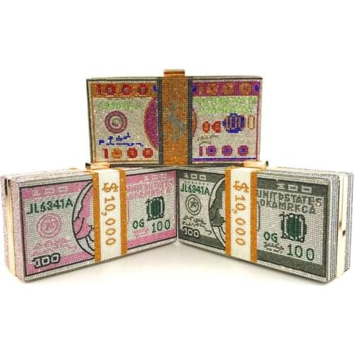 Money Clutch Rhinestone Purse 10000 Dollars Stack of Cash Evening Handbags Shoulder Wedding Dinner Bag