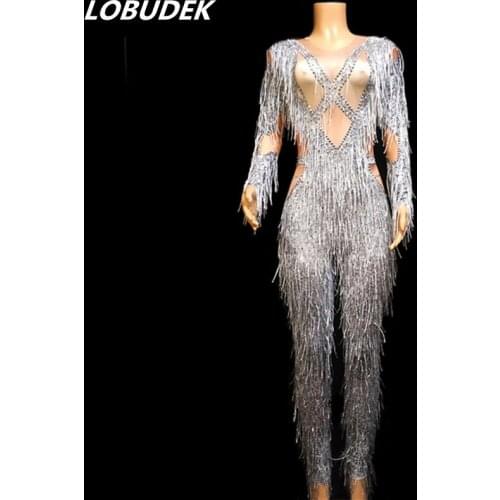 Silver Gray Crystals Tassels Jumpsuit Elastic Fringes Leotard Female Stage Wear Nightclub Bar Party Prom Singer Dance Costume