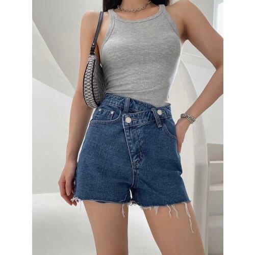 Summer new style street fashion high waist solid color denim shorts women all-match slimming oblique waist raw edge denim shorts