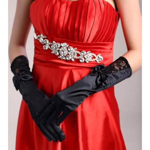 Summer Sunscreen Rhinestone Dress Long Gloves Female Bow Pearl Full Finger Cycling Lace Gloves Women Thin Sun Driving Glove J37
