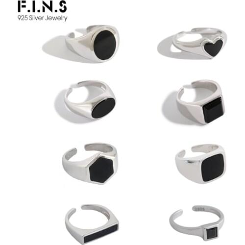 F.I.N.S Minimalism 925 Sterling Silver Rings For Women Black Enamel Adjustable Finger Ring Simple Mens Ring Silver 925 Jewelry