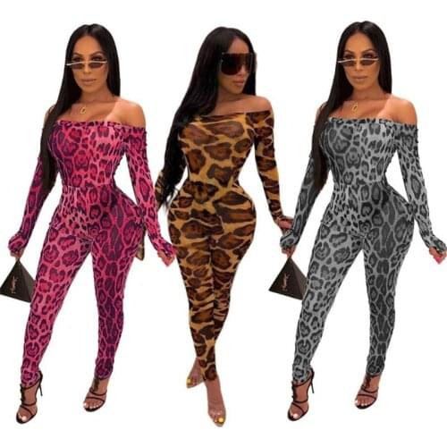 New leopard print flared sleeve autumn/winter jumpsuit womens Pants yellow red gray Fashion Slim Ladies Sexy Bodycon Jumpsuits