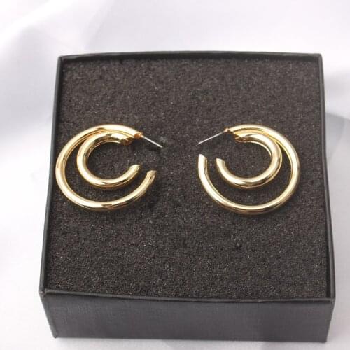 New Double Circle Round Stud Earrings Female Small Statement Hollow Minimalist Crescent Moon Earring Beautiful Jewelry