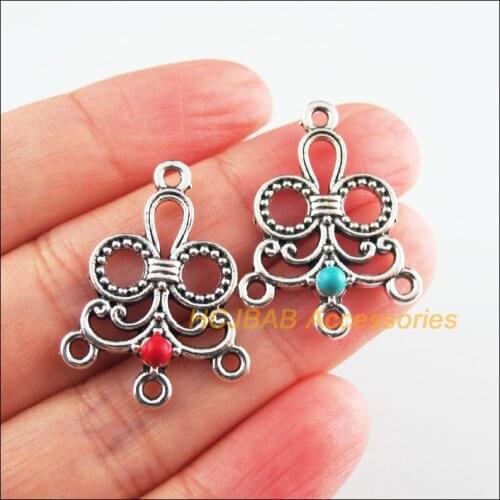 Fashion 12Pcs New Clouds Charms Tibetan Silver Tone Red & Blue Stone Flower Connectors 21.5x29mm