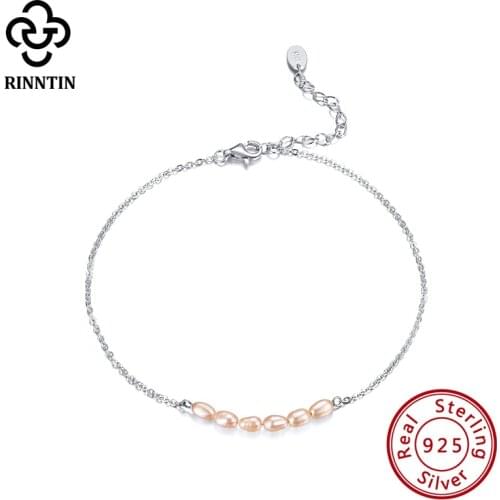 Rinntin 925 Sterling Silver Anklet Round Shape Design Pink White Fresh Water Pearl For Grils Daliy Dating Wedding TSA02