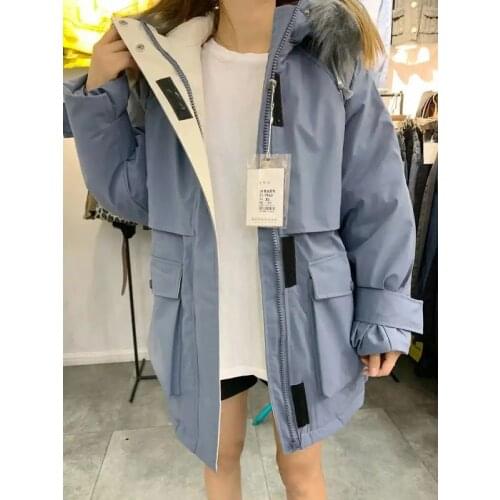 Hooded big fur collar waist waist mid-length large size loose casual new work down padded jacket