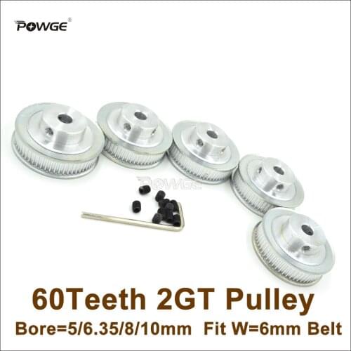 POWGE 5pcs 60 Teeth 2GT Timing Pulley Bore 5/6.35/8/10mm Fit Width 6mm GT2 Timing Belt 3D Printer Parts 60T 60Teeth GT2 Pulley