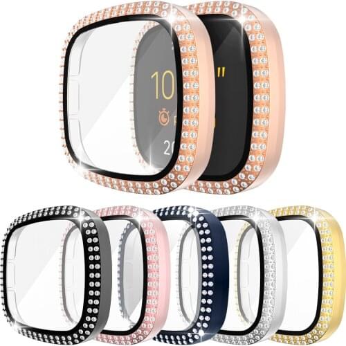 Glass Film with PC Case for Fitbit Sense Versa 3 2 Watch Cover Screen Protector Shell Two Rows Diamond Bling Hard Bumper