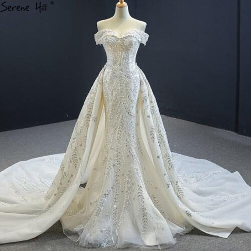 Luxury Ivory Mermaid Wedding Dresses Detachable Train 2020 Off Shoulder Sexy Beading Sequins Bride Gowns BHM66945 Couture Dress