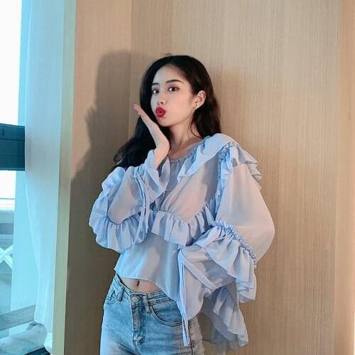 Loose Womans Shirts Chiffon Summer Long Sleeve Sun Protection Ladies Tops Ruffles Vintage Style Blouses Blue Thin Female