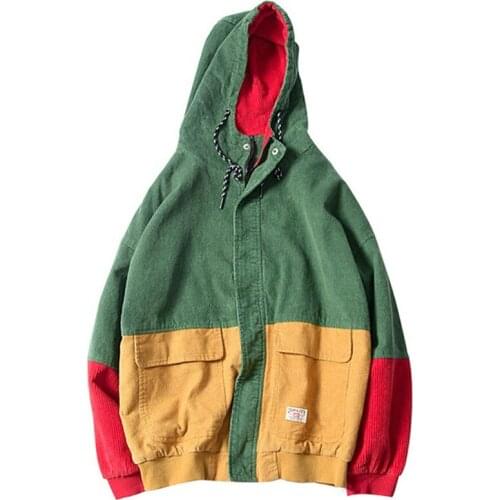 Hip Hop Corduroy Hooded Patchwork Couples Jacket Bomber Cargo Block Hoodies 2019 Spring Casual Streetwear Jackets Dropshipping