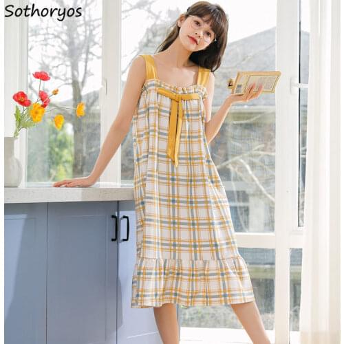 Nightgowns Women Plaid Bow Slash Collar Sleeveless Sleepwear Loose Large Size 2XL Casual Lovely Summer Students Homewear Chic