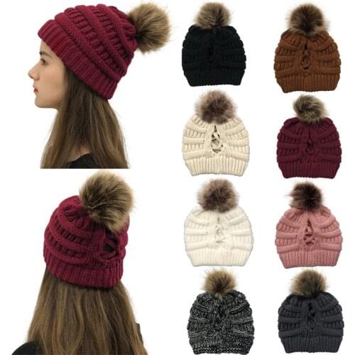 2022 Adult Ladies Hats and Caps Winter Warm Solid Elastic Knitted Outdoor Women Beanie Hat Cap Back Open Cross With Braid Hole