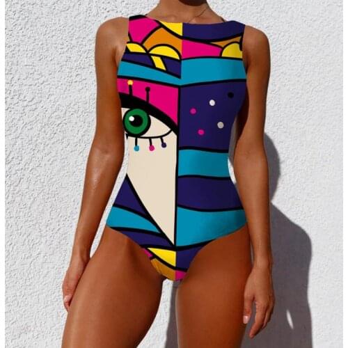 Womens Swimwear One Piece Sexy Sleeveless Patchwork Female Swimsuit Casual Abstract Graffiti Print Ladies Bathing Dress