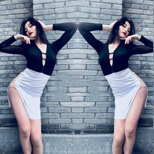 Latin Dance Dress Women Long Sleeves Slim Black White Skirt Modern Tango Dress Adult Practice Clothes Latin Dnace Costume BI937