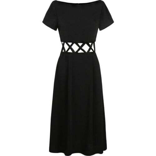 PERHAPS U Black Hollow Out O Neck Short Sleeve Midi Dress A Line Summer Elegant Casual Women Female Midi Dress D0319