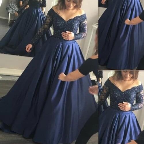ANGELSBRIDEP Navy-Blue Long Sleeves Evening Dresses Soiree Robe Fashion Lace Applique Court Train Formal Prom Party Gowns