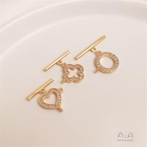 14K Gold Filled Micro-inlaid zircon clover heart OT buckle bracelet link necklace DIY accessories