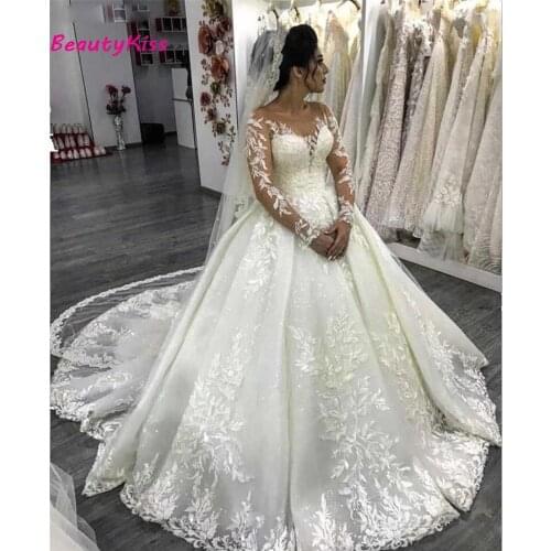 Princess Ball Gown Wedding Dresses Long Sleeves Lace Appliques Corset Back Shiny Tulle Bride Wedding Gowns Vestido De Noiva