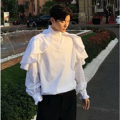 White Mens Flounce Long Sleeve Shirt Youth Casual Pullover Loose Tops