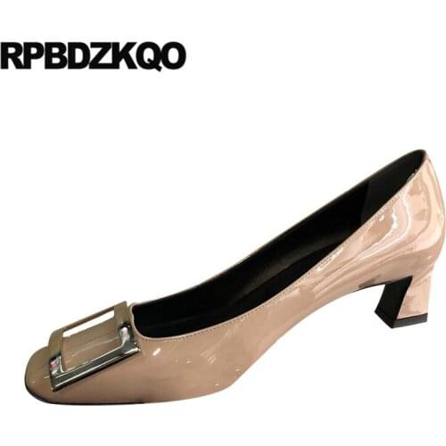 Block 2019 square toe medium heels patent leather nude pumps brand designer shoes women wine red high ladies size 4 34 casual