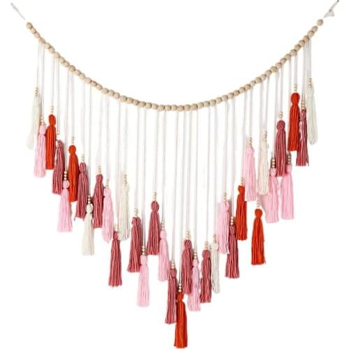 Large Tassel Wall Hanging, Boho Yarn Tassels Garland With Wood Beads For Nursery Decor