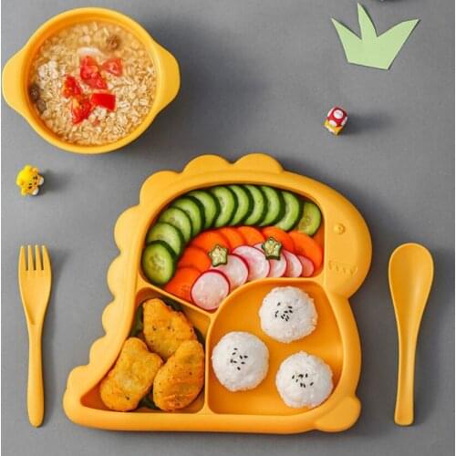 Baby Feeding Tableware Children Cartoon Dinosaur Divider Plate Bowl Toddler Kids Feed Training Bowl with Spoon Fork Dishes