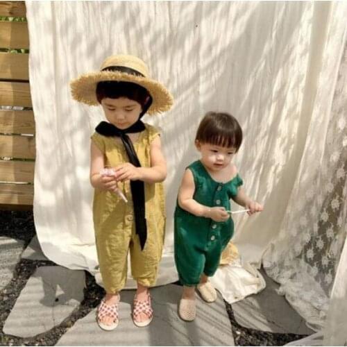 Dojhonkids Brand Japan Simple Style Summer Romper Pant for Baby Boy Girl Soft Cotton Linen Strap Kids Overalls Clothes V-back