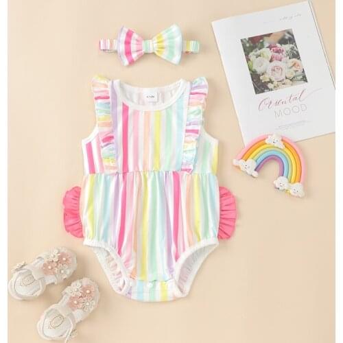 Baby Girl Romper Baby Clothes Girl 2 Pcs Colorful Striped Ruffles Sleeveless Baby Bodysuit+bow Headband Cute Baby Jumpsuit 0-18M