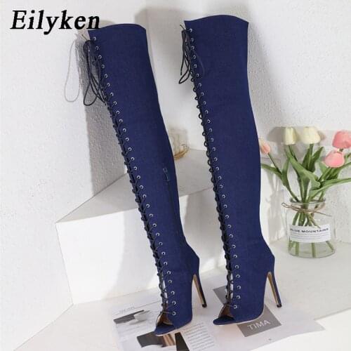 Eilyken Spring Autumn New Fashion Peep Toe Hollow Out Cross Lace-Up Over-the-Knee Boots Women Stiletto Heels Motorcycle Shoes