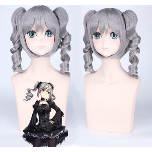 Halloween Anime Fancy Wig the Idol Master Gray Curly Synthetic Wig Double-rolled Ponytail 40cm Short Wig