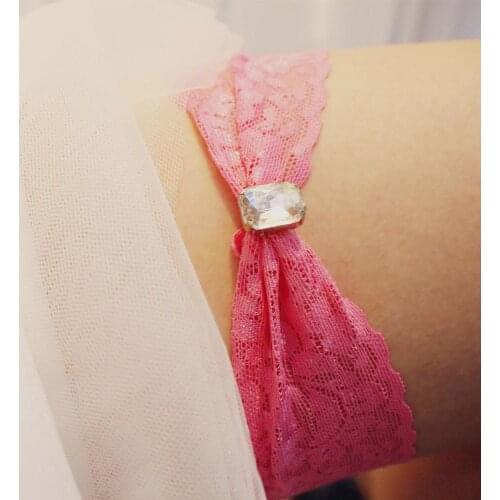 SLBRIDAL Sexy Pink Lace Flower Rhinestones Crystals Wedding Garter Belt Bridal Thigh Leg Garter Ring For Women/Female/Bride
