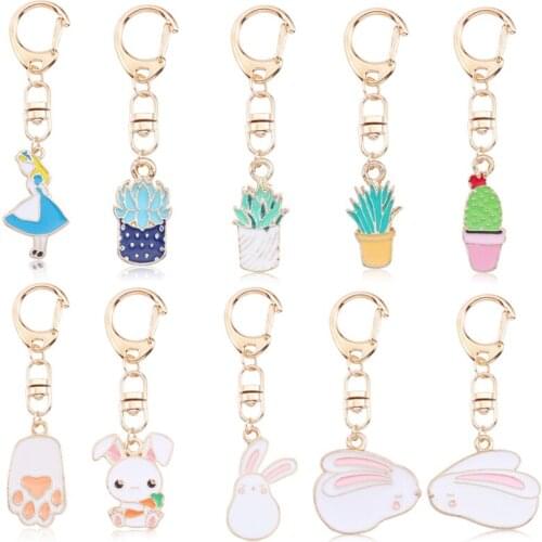 Cute Alice Girl Rabbit Key Chain Potted Plant Succulents Cactus Keychain Cartoon Enamel Animal Ornament Female Christmas Gift