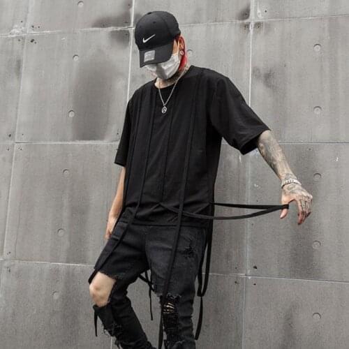Men personality ribbons patchwork punk hip hop t shirt short sleeve gothic style tassel tee shirts nightclub stage costume