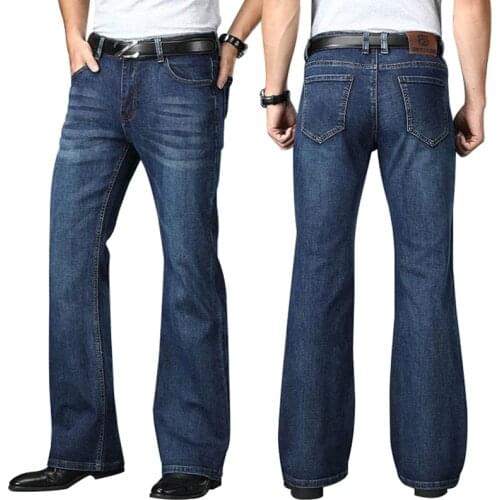 2021 Flared Jeans Men Boot Cut Denim Pants Comfortable Stretch Loose Designer Classic Business Casual Dark Blue Trousers