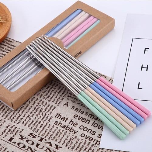 8 Pairs Creative Japanese Wheat Straw 304 Stainless Steel Chopsticks Family Hotel Couple Tableware Set Korean