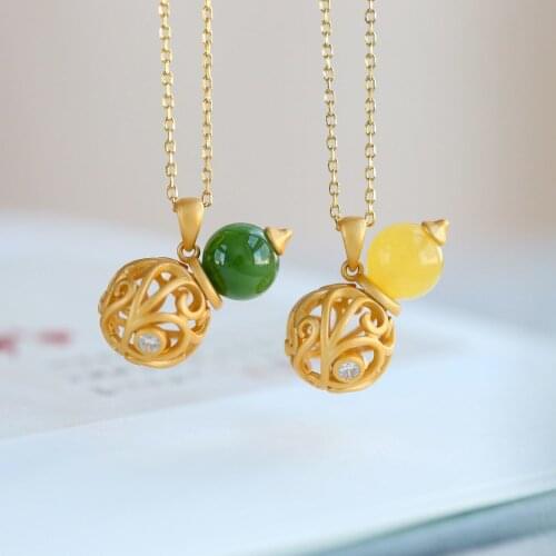 New Exquisite Hetian Jade Beeswax Bead Fu Lu Gourd Necklace Simple Temperamental All-Match to Give Mom Pendant