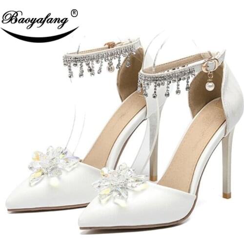 BaoYaFang 2019 NEW ARRIVE Wedding shoes White Crystal Flower Fringe Fashion shoes plus size Thin Heel Dress shoe Pointed Toe