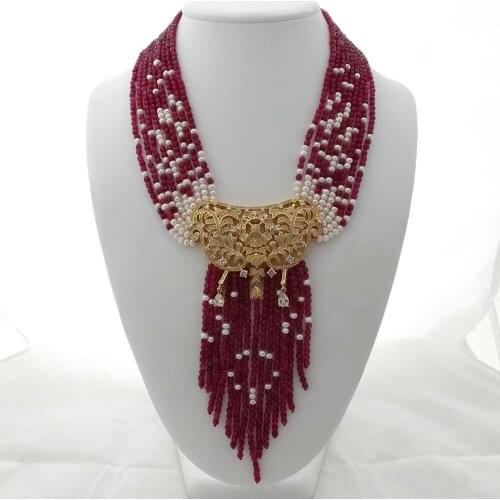 Charming 9strands white freshwater pearl red green stone necklace micro inlay zircon accessories pendant long 48-58 cm